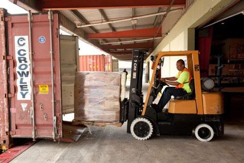 Loading and unloading containers and storage pads.