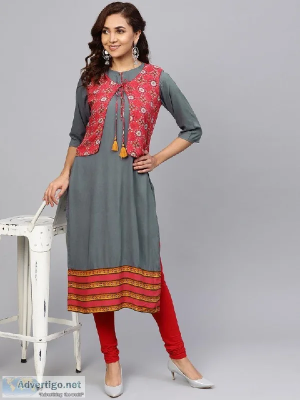 Solid Kurti For Summer  Light Blue Rayon Kurta  Grey Rayon Print