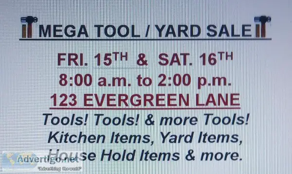 YARD SALE  GARAGE SALE  TOOL SALE  Nov. 15 and 16  8am to 2pm