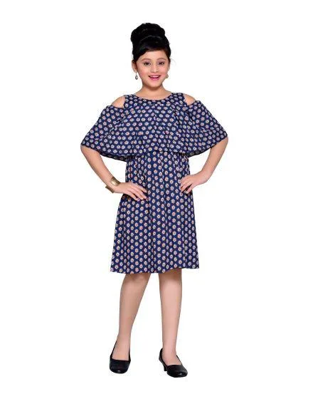 Girls Rayon Print Cold Shoulder Knee Length Dress