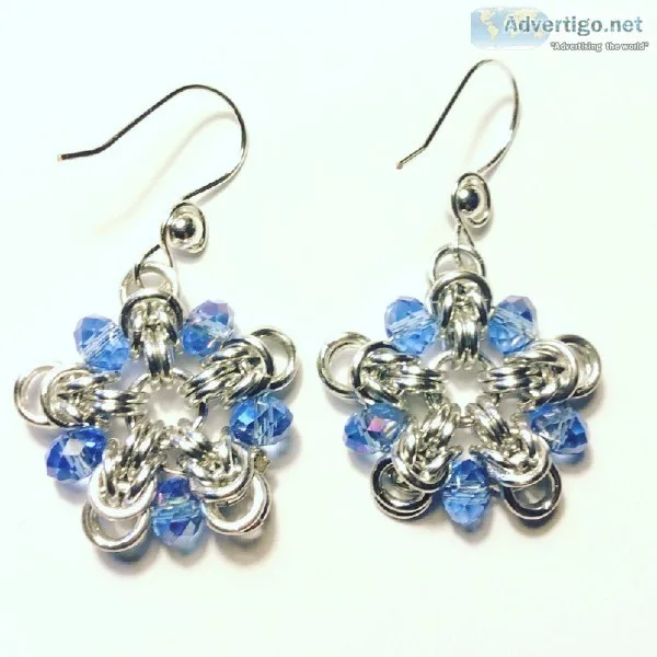 Silver and Blue Chainmaille Snowflake Earrings