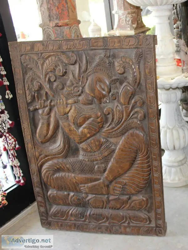Joyful Vintage Hand Carved Fluting Krishna Carving Wall Sculptur