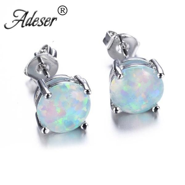 Elegant Round White Fire Opal 925 Sterling Silver Stud Earrings