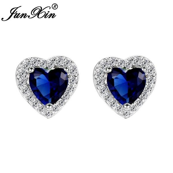 White Gold Blue Sapphire Diamond CZ Heart Earrings