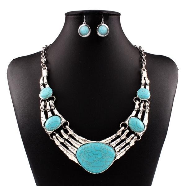 Oval Turquoise Necklace Earrings Jewelry Set