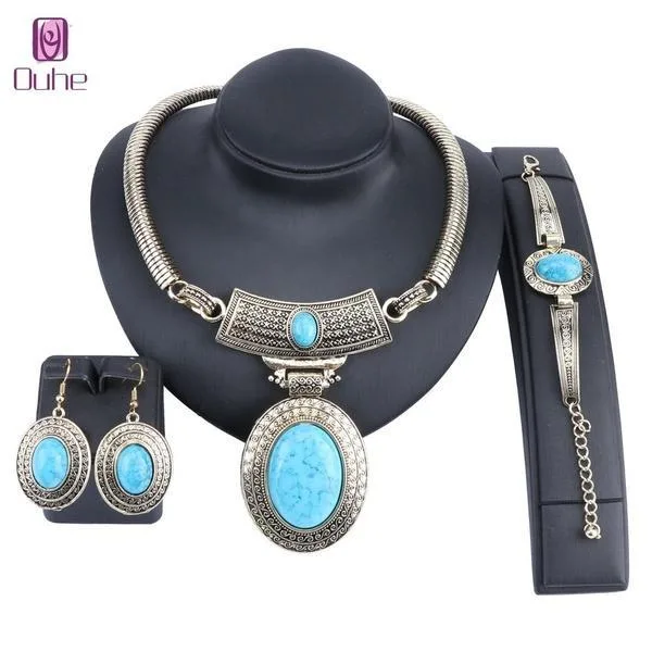 Vintage Dubai Retro Gold Big Turquoise Jewelry Set