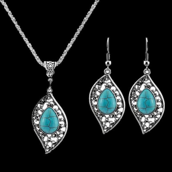 Retro Design Leaf Turquoise Necklace Earrings Jewelry Set