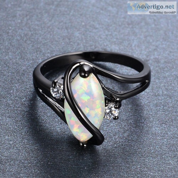 Marquise Cut White Fire Opal Black Gold Ring For Women