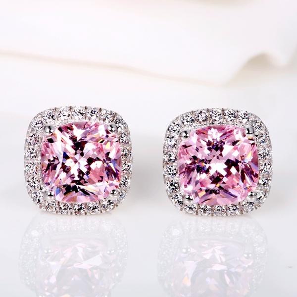 Classic 18K White Gold Prinicess Cut Pink Diamond Stud Earrings