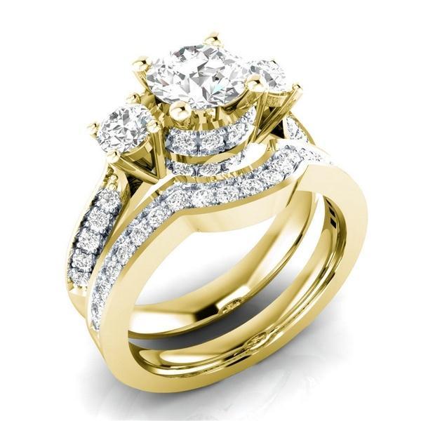 18K Gold and 925 Sterling Silver White Sapphire Diamond Ring Set