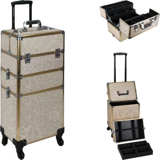PROFESSIONAL ROLLING ALUMINUM COSMETIC MAKEUP CASE EXTENDABLE AN