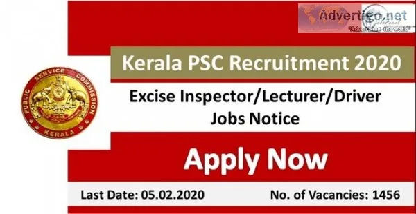 Kerala PSC Recruitment 2020 (1456) Excise InspectorLecturerD riv