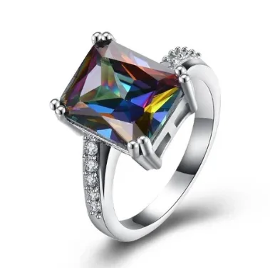 Mystic Topaz Emerald Cut Pav e Cocktail Ring