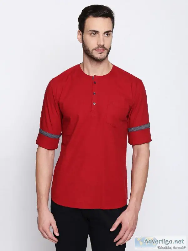 L.A. SEVEN Mens Casual Solid Maroon Full Sleeves Slim Fit Cotton