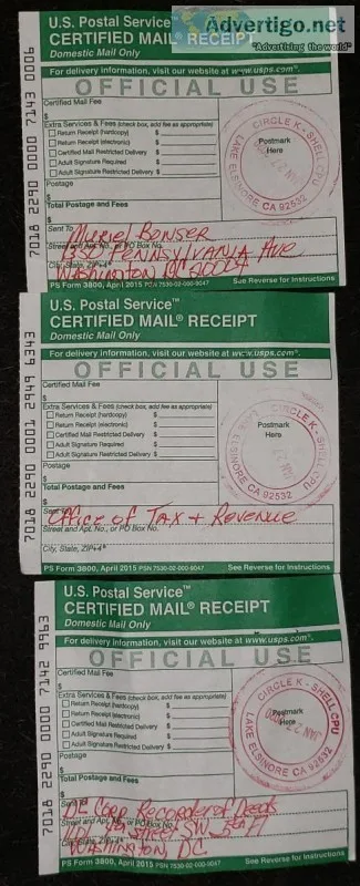 Proof of mailing of lien  AFFIDAVIT OF INITIAL UCC FINANCING STA