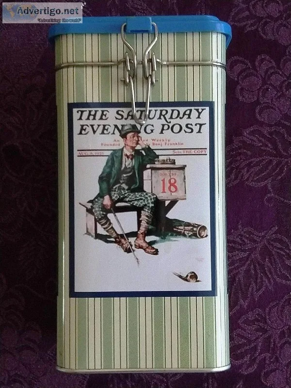 Vintage Designed Saturday Evening Post Metal Container with Blue