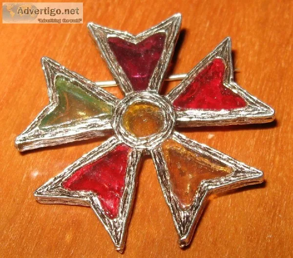 Vintage Costume Jewelry Bronze Tone Multi-Color Glass Pin Maltes