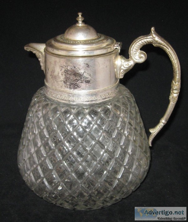 Rare Diamond Cut Glass Silver Plated Water Wine Vintage Round Pi