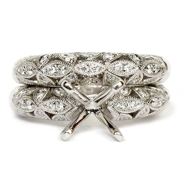 18K White Gold Vintage Style Openwork Semi -Mount Engagement Rin