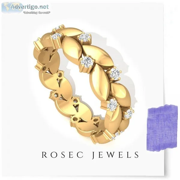 Vintage Leaf Floral Full Eternity Ring Round Diamond Gold Weddin