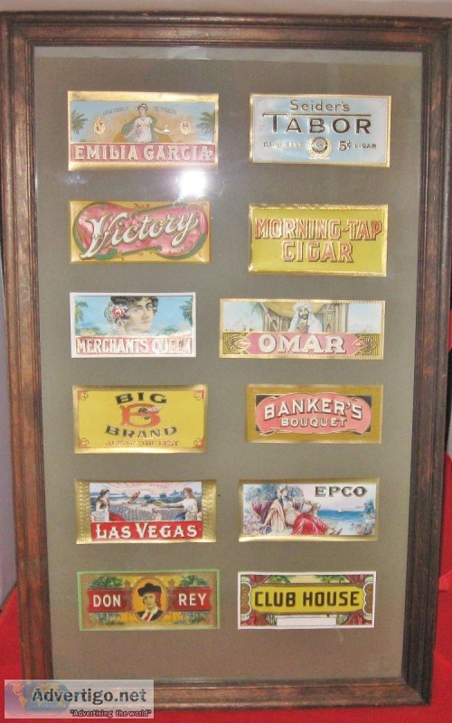 Framed Vintage Cigar Labels Art Advertising Man Cave Bar Decor -