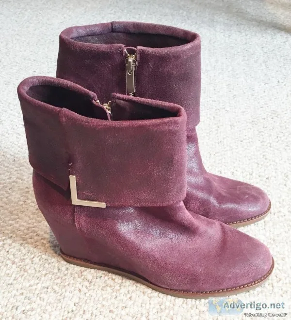 Johnston and Murphy Brynn Purple Suede Leather Cuff Wedge Ankle 