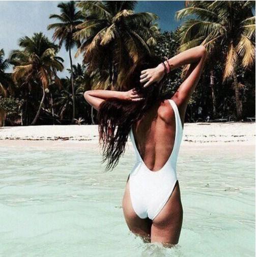 Buy Solid Color Vintage High Cut One Piece Swimsuit