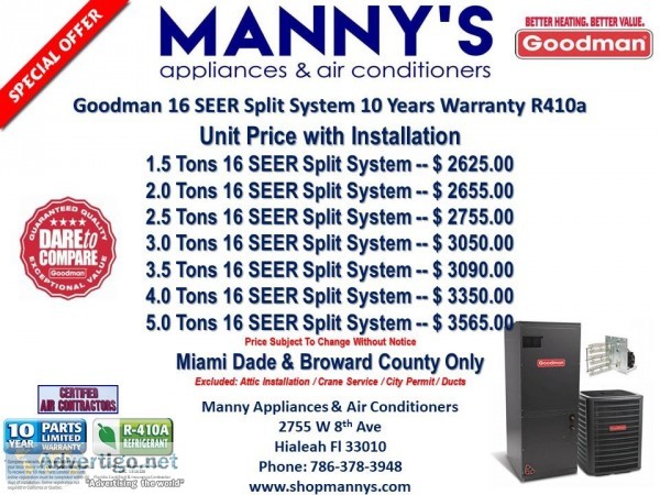 Goodman Air Conditioners 16 SEER Split Systems Price Installed  