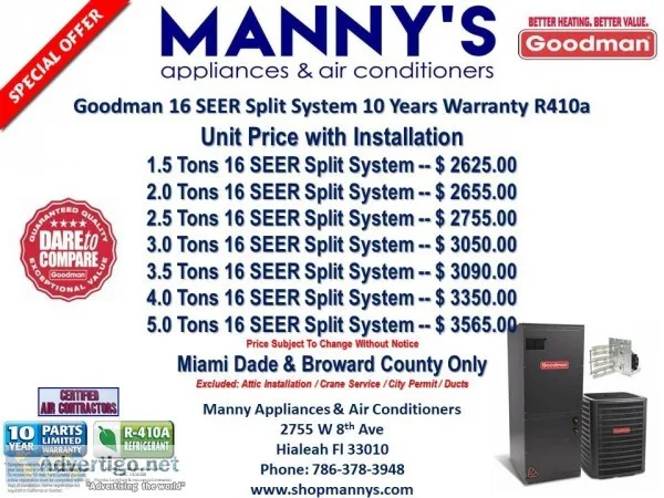 Goodman Air Conditioners 16 SEER Split Systems Price Installed  