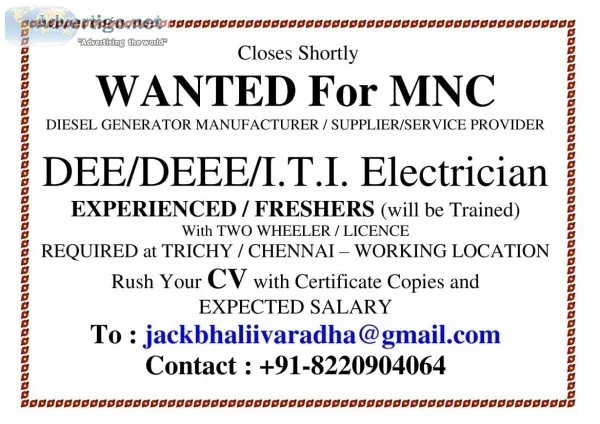 Job Opportunity at MNC to DEE and DEEE and ITI (ELECTRICIAN)
