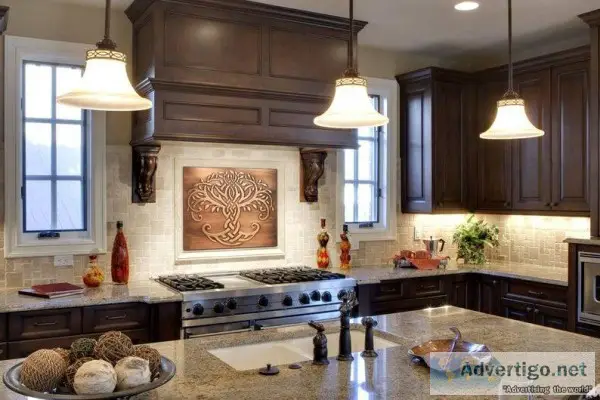 Copper tiles for kitchen backsplash and living room