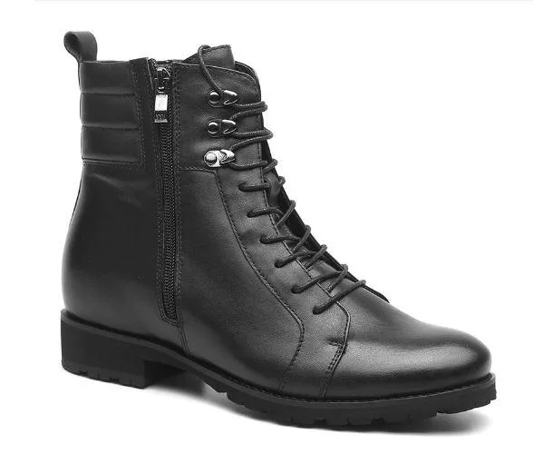 Hidden High Heel Black Leather Men Elevator Biking Boots Taller 