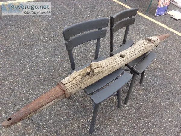 VERY RARE RUSTIC PRIMITIVE ANTIQUE WOODEN WAGON AXLE WITH STEEL 