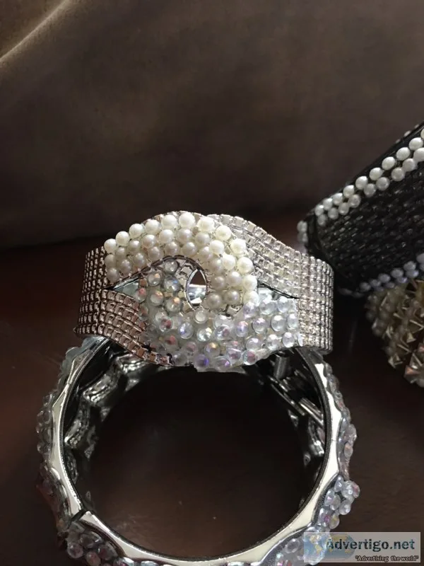 Elegant One of a kind rhinestone stones and white Pearl bracelet