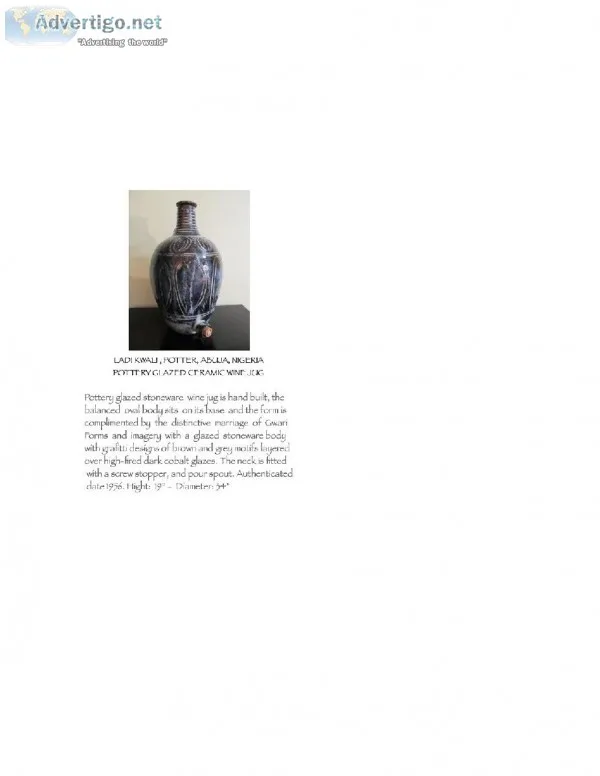 POTTERY GLAZED CERAMIC WINE JUG - BY LADI KWALI ABUJA NIGERIA