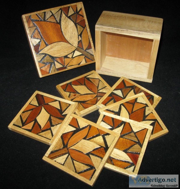 Wood Decorative Flower Square Drink Coasters Housing Case w Lid