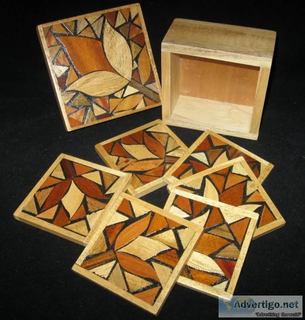 Wood Decorative Flower Square Drink Coasters Housing Case w Lid