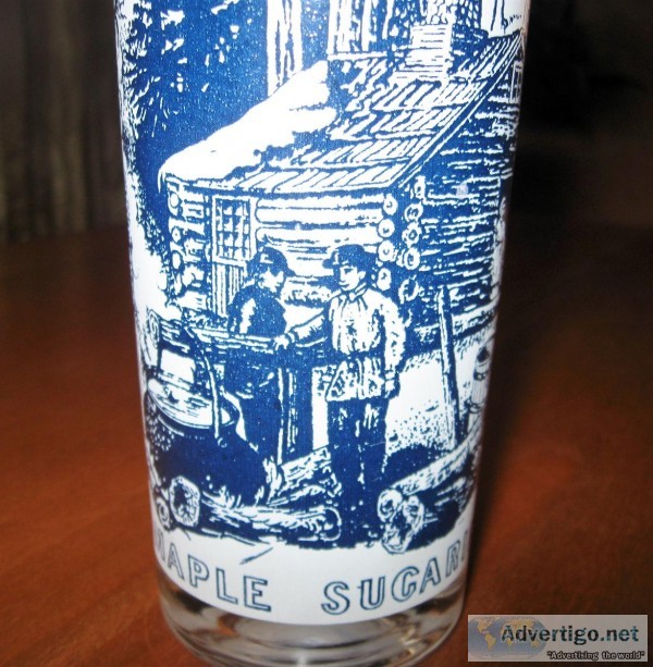 Vintage Maple Sugaring Souvenir Glass Blue White Log Cabin Sugar