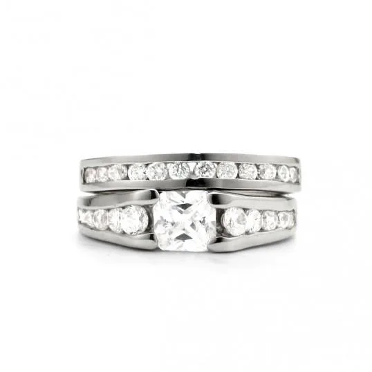 Channel Set Princess Cut Sterling Silver Wedding Set For Sale
