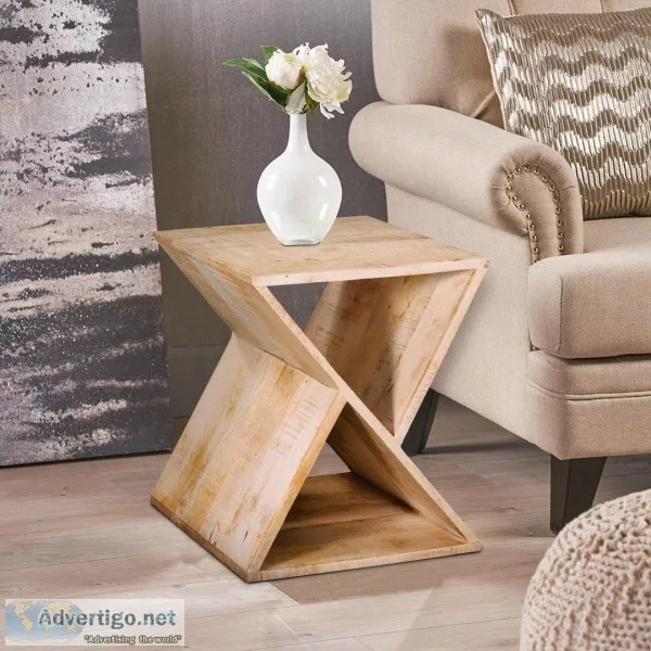Handcrafted Mango Wood Z Shaped End Table With Open Bottom Shelf
