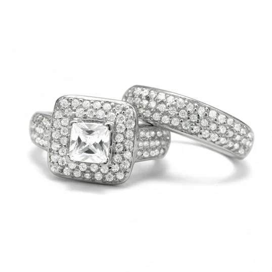 Princess Cut Square Halo Wedding Set For Sale  Inspired Silver