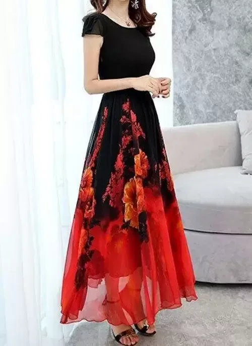 Casual Floral Round Neckline Maxi X-line Dress