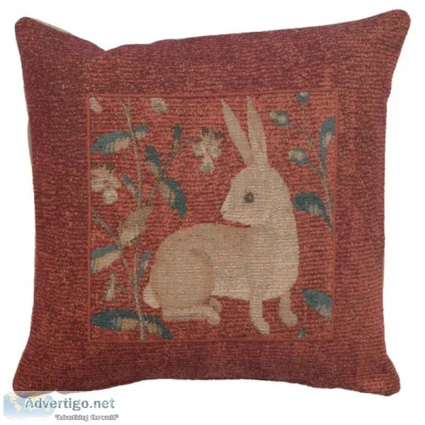 SITTING RABBIT IN RED FRENCH TAPESTRY CUSHION