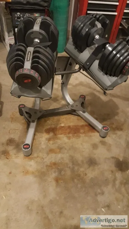 Bowflex adjustable dumbell set with stand.