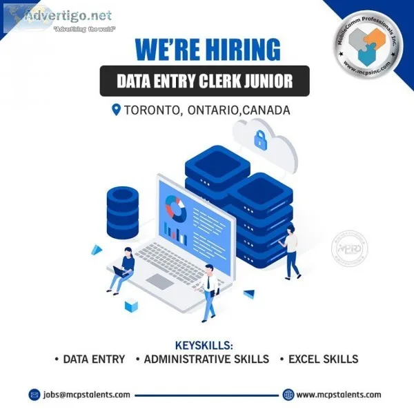 Hiring a Data Entry Clerk Junior in Toronto