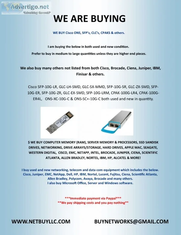 WE BUY COMPUTER NETWORKING TRANSEIVERS SFPGLCQSFPCPAKSO NS and M