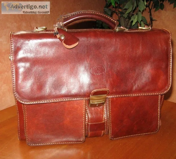 Alessia Italian Genuine Leather Briefcase Cognac Brown Front Fla