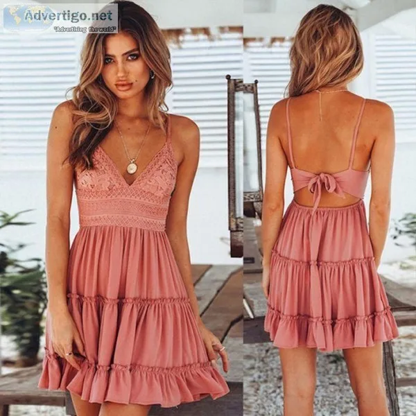 Summer Fashion Backless V-neck Beach Sleeveless Casual Women Pea