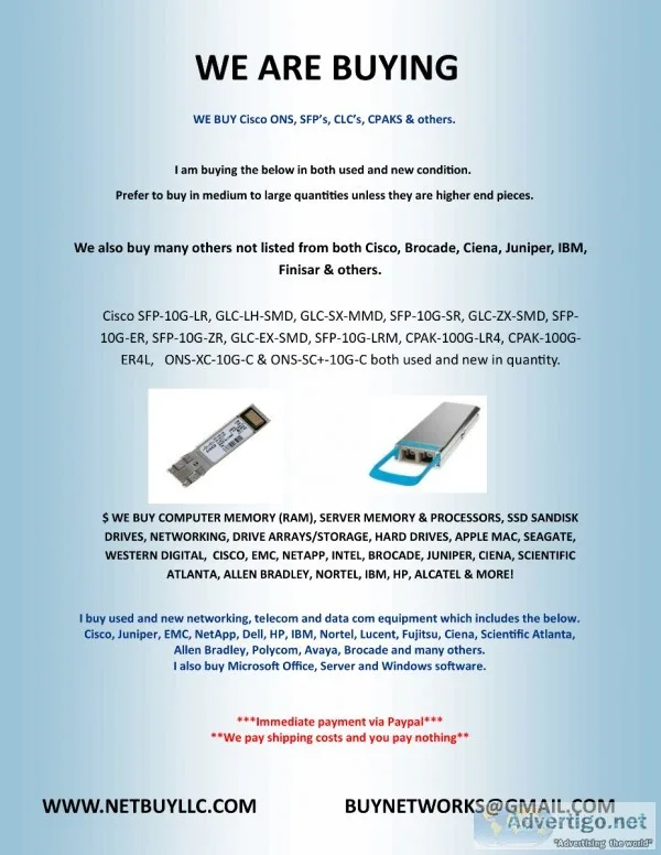 WE BUY COMPUTER NETWORKING TRANSEIVERS SFPGLCQSFPCPAKSO NS and M