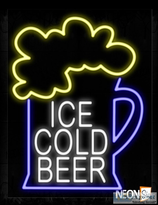 Ice Cold Beer Inside A Blue Mug Neon Sign
